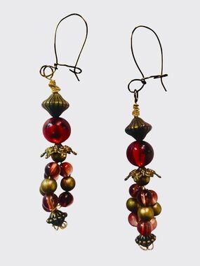 Handcrafted Artisan Dangle Pierced Earrings Red Black Gold Beads & Ornate Caps
